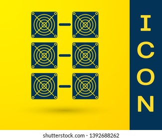 Blue Mining farm icon isolated on yellow background. Cryptocurrency mining, blockchain technology, bitcoin, digital money market, cryptocoin wallet. Vector Illustration
