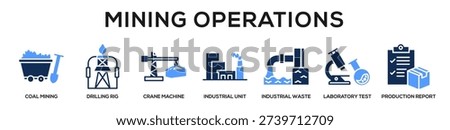 Blue - Mining Operations web banner icon vector illustration concept for business with icon of Coal mining, Drilling rig, Crane machine, industrial unit, Industrial waste, Laboratory test, Production.