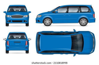 Blue minivan vector mockup on white background for vehicle branding, corporate identity. View from side, front, back, top. All elements in the groups on separate layers for easy editing and recolor
