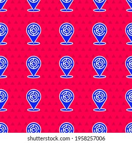 Blue Minotaur maze or labyrinth icon isolated seamless pattern on red background. Ancient Greek mythology.  Vector