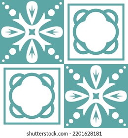 Blue mint Azulejo design for ceramic tile and wall design, traditional spanish background white pastel color, vector illustration