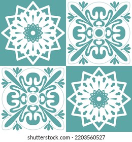 Blue mint Azulejo design for ceramic tile and wall design, traditional spanish background white pastel color