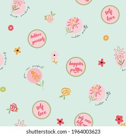 Blue mint conversational seamless pattern print with doodle flowers, floral print and tags, positive quotes and slogans for fabric, thanksgiving, christmas, textile, tshirt, and wrapping