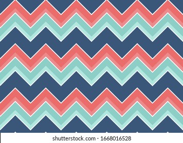 Blue, mint, Coral pink, White colors modern zig zag seamless pattern for Background, Cover, Banner, Poster, Flyer, Interior, Wrapping paper, Packaging, Wallpaper Design and other textile.