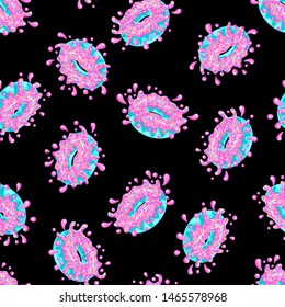 blue mint donuts with pink glaze falling on dark background. Splashes of colored glaze and colored sprinkles. Seamless pattern. Texture for fabric, wrapping, wallpaper. Decorative print.