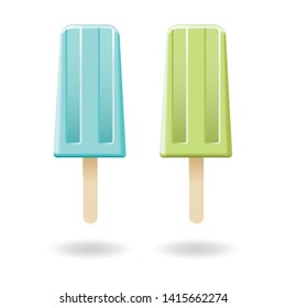 Blue mint and green lemon ice cream stick or popsicle mockup template. Isolated on white background with shadow. Ready to use for your business. Vector illustration.