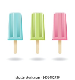 Blue mint, green lemon and pink strawberry ice cream stick or popsicle mockup template. Isolated on white background with shadow. Ready to use for your business. Vector illustration.