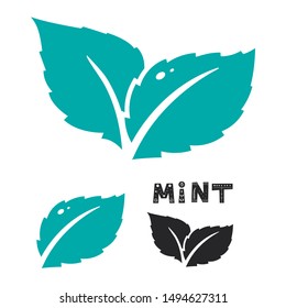 Blue Mint Leave Icon On White. Mint Leaves Vector Logo. Two Leaves Of A Mint With One Color Black Version.