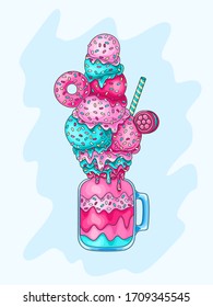 blue mint and pink strawberry cocktail with ice cream, biscuits, donut, syrup and sprinkles in cocktail jar. Milkshake vector illustration.