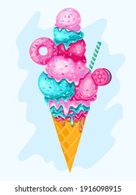 blue mint and pink strawberry ice cream with biscuits, donut, syrup and sprinkles in waffle cone. Vector illustration.