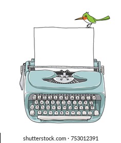 blue Mint vintage  typewriter portable retro with paper and green bird  hand drawn vector art illustration