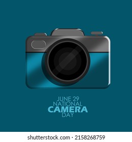 A blue mirrorless camera with bold texts on dark blue background, National Camera Day June 29