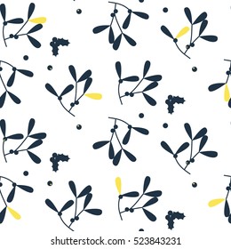 Blue mistletoe silhouette seamless vector pattern. Foliage pattern in Scandinavian design style.