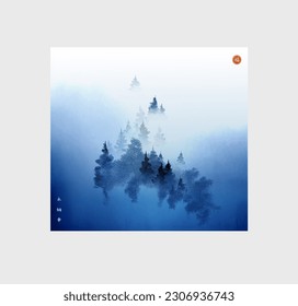 Blue misty mountain forest trees. Traditional oriental ink painting sumi-e, u-sin, go-hua. Translation of hieroglyph - good luck