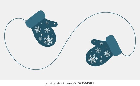 Blue mittens with snowflakes pattern. Warm accessory for winter. Decorative element for Christmas design. Flat vector illustration.