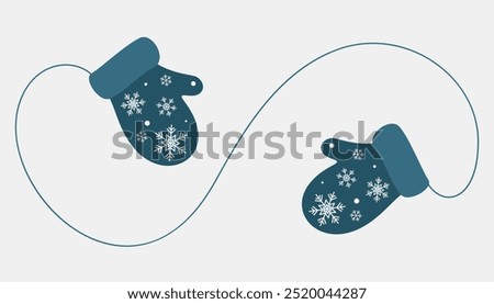 Blue mittens with snowflakes pattern. Warm accessory for winter. Decorative element for Christmas design. Flat vector illustration.