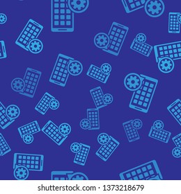Blue Mobile Apps and gear icon isolated seamless pattern on blue background. Adjusting app, service concept, setting options, maintenance, repair, fixing. Vector Illustration