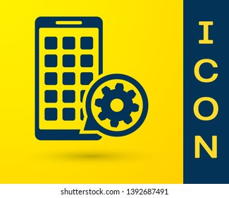 Blue Mobile Apps and gear icon isolated on yellow background. Adjusting app, service concept, setting options, maintenance, repair, fixing. Vector Illustration
