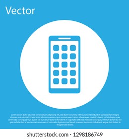 Blue Mobile Apps icon isolated on blue background. Smartphone with screen icons, applications. mobile phone showing screen. White circle button. Flat design. Vector Illustration