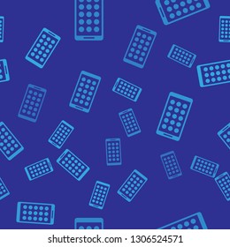Blue Mobile Apps icon isolated seamless pattern on blue background. Smartphone with screen icons, applications. mobile phone showing screen. Vector Illustration