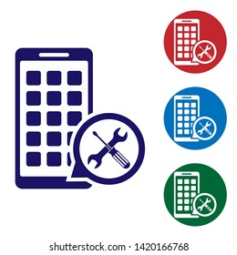 Blue Mobile Apps with screwdriver and wrench icon isolated on white background. Adjusting, service, setting, maintenance, repair, fixing. Set color icon in circle buttons. Vector Illustration