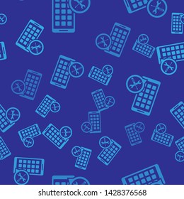 Blue Mobile Apps with screwdriver and wrench icon isolated seamless pattern on blue background. Adjusting, service, setting, maintenance, repair, fixing.  Vector Illustration