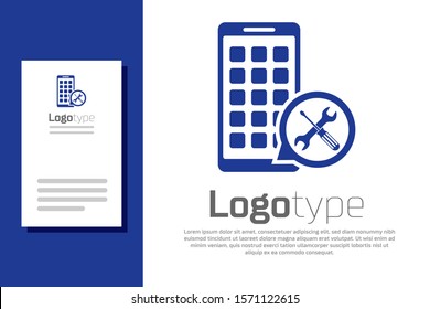 Blue Mobile Apps with screwdriver and wrench icon isolated on white background. Adjusting, service, setting, maintenance, repair, fixing. Logo design template element. Vector Illustration