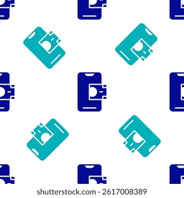 Blue Mobile banking icon isolated seamless pattern on white background. Transfer money through mobile banking on the mobile phone screen.  Vector