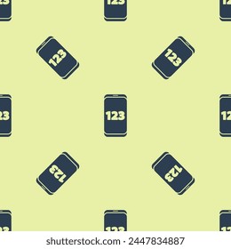 Icono de interfaz de teléfono inteligente de calculadora móvil azul aislado patrón sin fisuras sobre fondo amarillo. Aplicación matemática en la pantalla del teléfono.  Ilustración vectorial