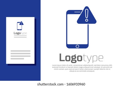 Blue Mobile phone with exclamation mark icon isolated on white background. Alert message smartphone notification. Logo design template element. Vector Illustration