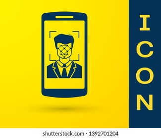 Blue Mobile phone and face recognition icon isolated on yellow background. Face identification scanner icon. Facial id. Cyber security concept. Vector Illustration