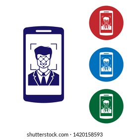 Blue Mobile phone and face recognition icon isolated on white background. Face identification scanner icon. Facial id. Cyber security concept. Set color icon in circle buttons. Vector Illustration