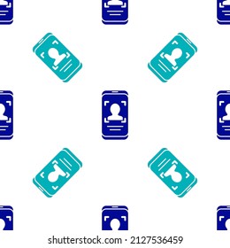 Blue Mobile phone and face recognition icon isolated seamless pattern on white background. Face identification scanner icon. Facial id. Cyber security.  Vector