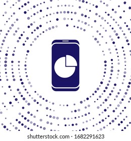 Blaues Mobiltelefon mit Diagramm Symbol einzeln auf weißem Hintergrund. Textdatei melden. Rechnungszeichen. Audit, Analyse, Planung. Abstrakte Kreis Zufallspunkte. Vektorillustration-Illustration