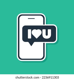 Blue Mobile phone with heart icon isolated on green background. Valentines day.  Vector