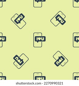 Blue Mobile phone with heart icon isolated seamless pattern on yellow background. Valentines day.  Vector