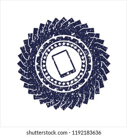 Blue mobile phone icon inside distressed rubber grunge texture seal