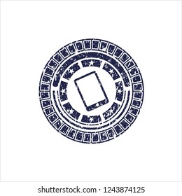 Blue mobile phone icon inside distress rubber grunge seal