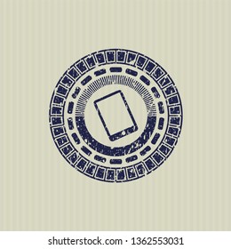 Blue mobile phone icon inside distressed rubber stamp