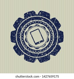 Blue mobile phone icon inside distress rubber seal with grunge texture