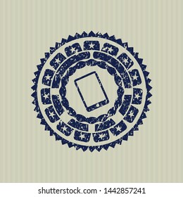 Blue mobile phone icon inside rubber stamp with grunge texture