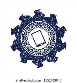 Blue mobile phone icon inside rubber grunge texture seal