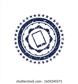 Blue mobile phone icon inside distressed rubber stamp