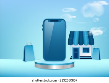 Blue mobile phone and mockup shop on blue pedestals overlap. Product display stand. Concept of online shopping on mobile app with shopping bags. vector illustration