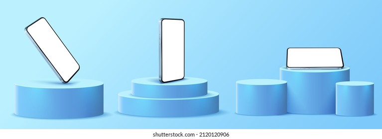 A blue mobile phone on a cylindrical podium, isolated on a blue background. Different phone positions on different platforms and devices. Minimal 3d studio. 3d shape for products display presentation.