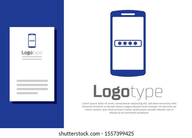 Blue Mobile phone and password protection icon isolated on white background. Security, safety, personal access, user authorization, privacy. Logo design template element. Vector Illustration
