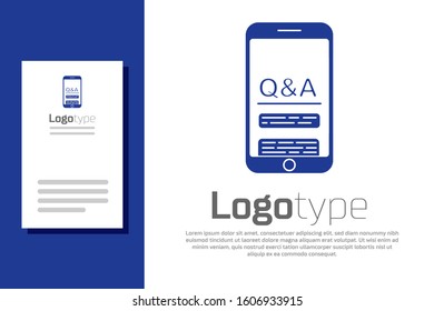 Blue Mobile phone with Question and Exclamation icon isolated on white background. Frequently asked questions. Logo design template element. Vector Illustration