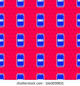 Blue Mobile phone SEO optimization concept icon isolated seamless pattern on red background.  Vector Illustration