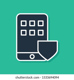 Blue Mobile phone with shield icon isolated on green background. Smartphone insurance. Security, safety, protection, protect concept.  Vector Illustration