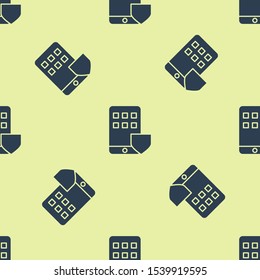 Blue Mobile phone with shield icon isolated seamless pattern on yellow background. Smartphone insurance. Security, safety, protection, protect concept.  Vector Illustration